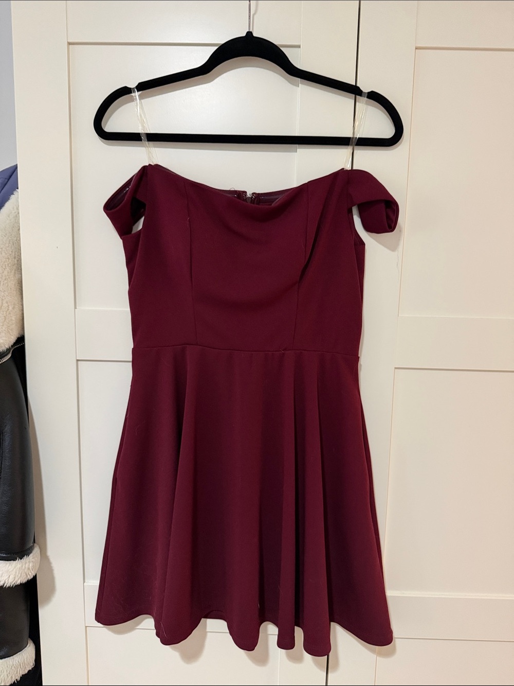 Trixxi Off-Shoulder Fit & Flare Mini Dress in Wine